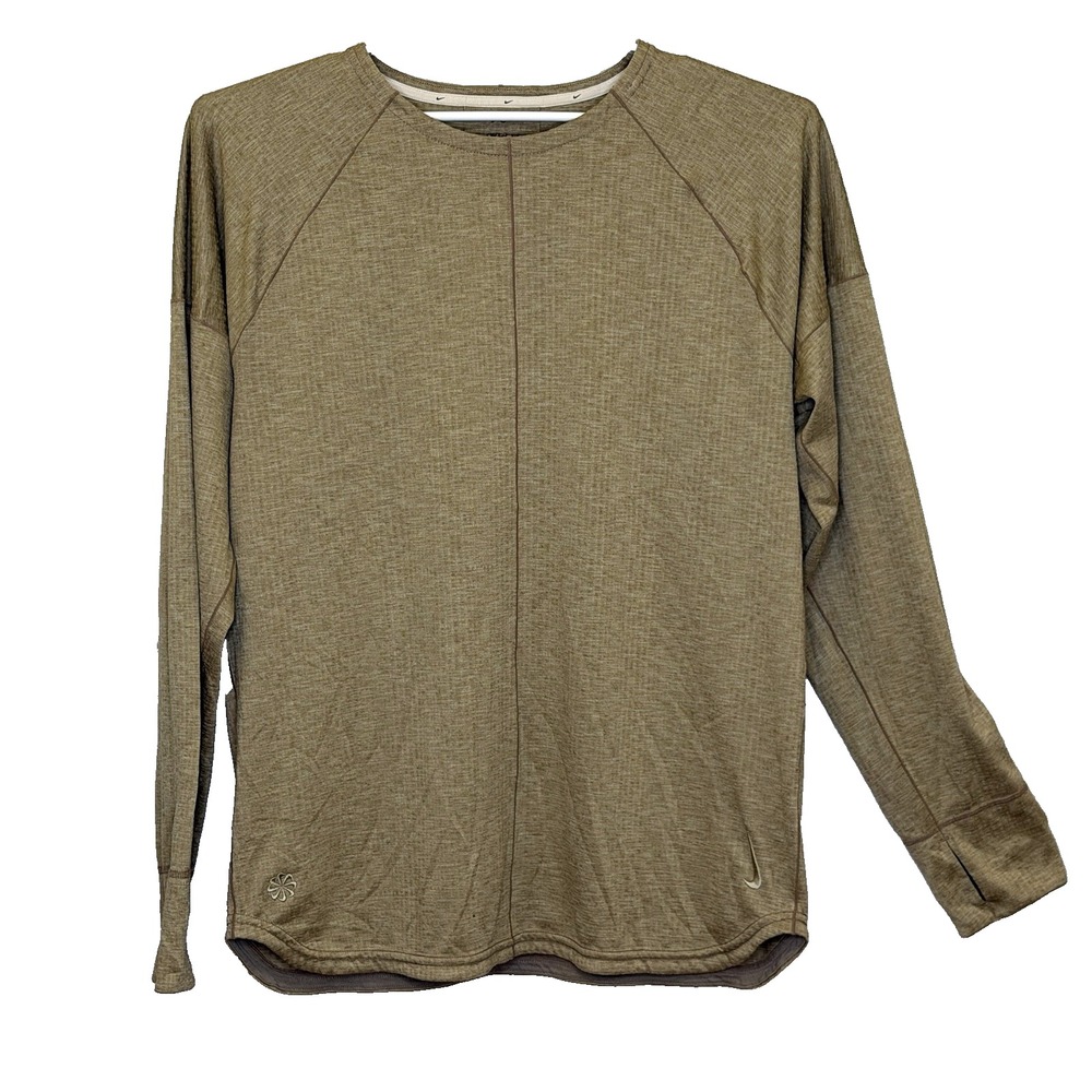 Nike Yoga Dri Fit T-Shirt Mens Sz Large Tan Long Sleeve Thumb Holes Crew Neck